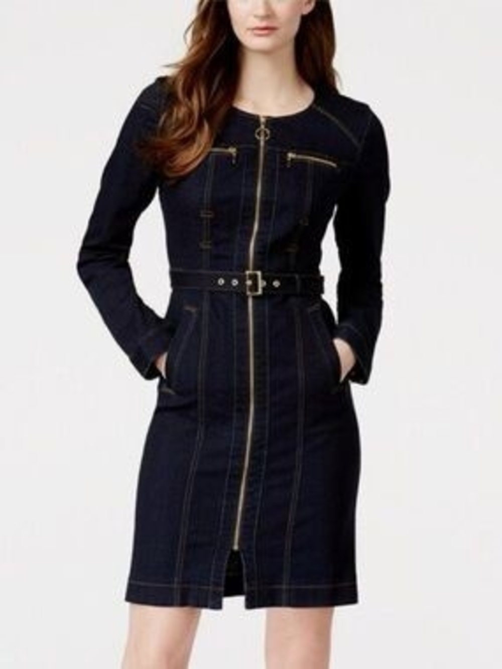 INC International Concepts Dark Indigo Long-Sleeve Zip Front Dress - Picture 2 of 4